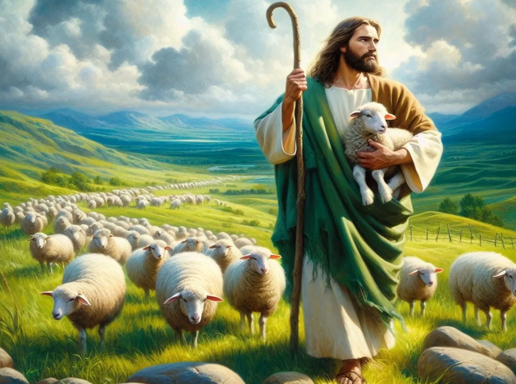Jesus as shepherd holding lamb in meadow