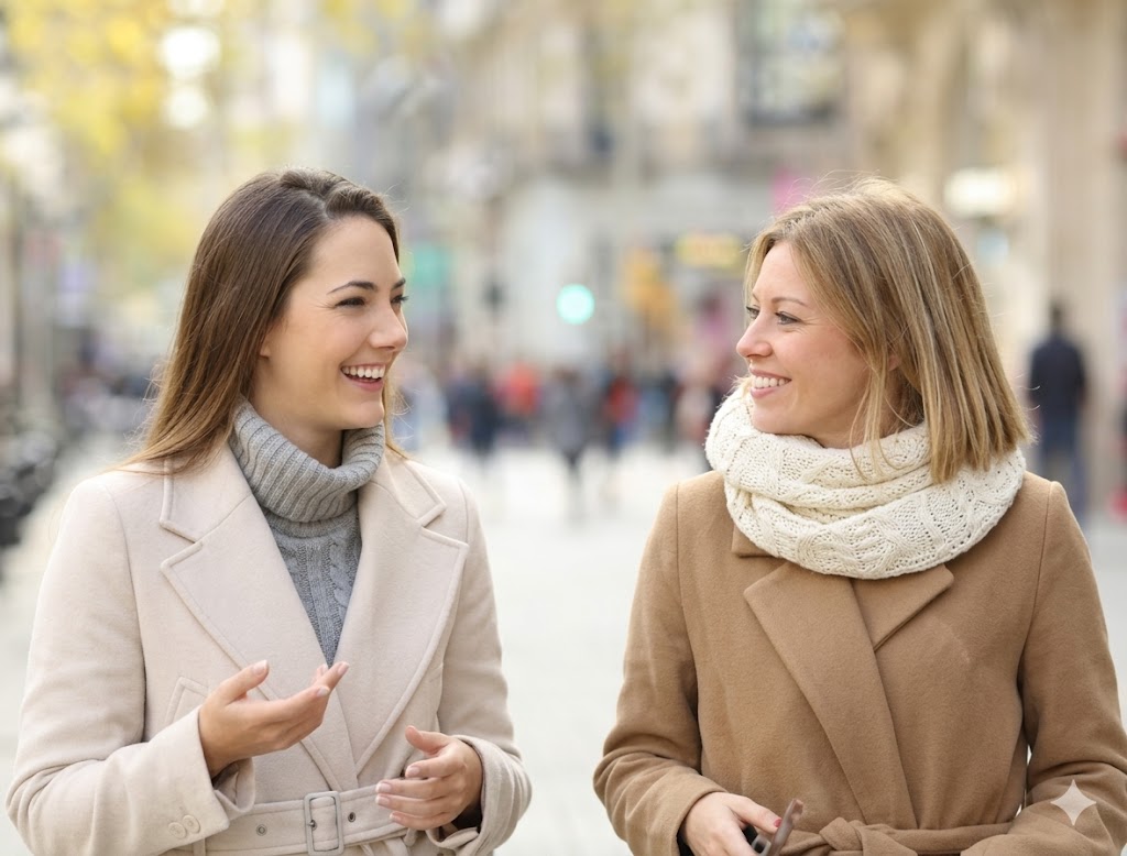 Two women walking outdoors, smiling and talking